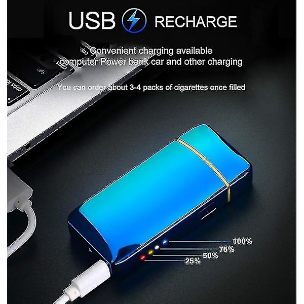 Elektrisk vindtät metalltändare dubbel båge flamlös plasma uppladdningsbar USB-tändare LED-effektvisning beröringssensor tändare Svart