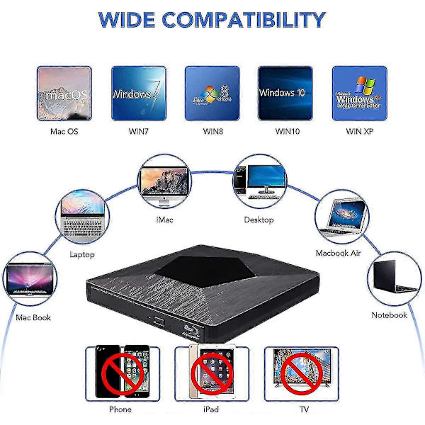 Blu Ray Ulkoinen 3D-asema, Ultra Slim USB 3.0 ja Type-C Blu Ray Optinen CD DVD-asema Mac Os, Windows Xp/7/8/10, Kannettava PC (musta)