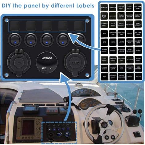 12V Marine Bryterpanel – Sigarettenneruttak + Doble 4.2A USB-porter – IP66 Vanntett Voltmeterdisplay – 5 LED Vippebrytere