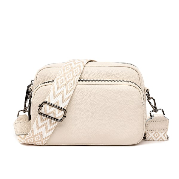 Crossbody väska Dam läder liten axelväska med dragkedja off-white