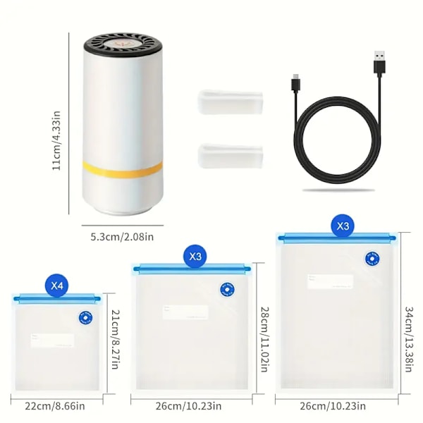 3-i-1 USB Genopladelig Vakuumforsegler Sæt – Bærbar Elektrisk Pumpe & Holdbare Opbevaringsposer i Flere Størrelser