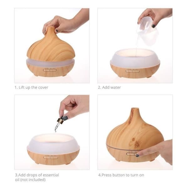 Bærbar Ultralyd Luftfukter/Eterisk Olje Diffuser 400ml, Treutførelse, Syv Farger, Enhet