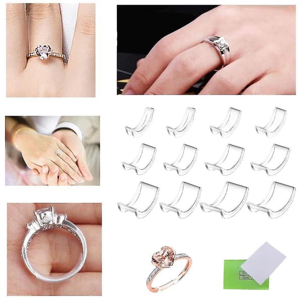 12 stk Usynlige Ringjusterere til Løse Ringe - Passer til Alle Ringe - Ringklips til at Gøre Ringe Mindre