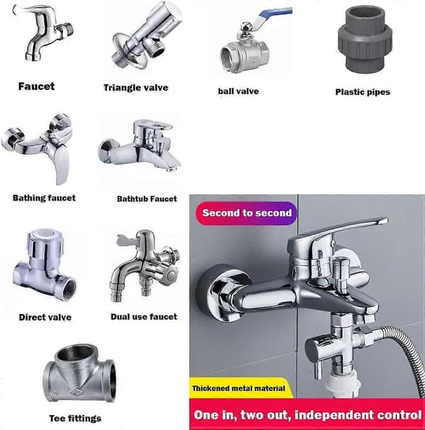 3-veis dusjventil metall dusj til hageslange adapter kran splitter 3-veis vask