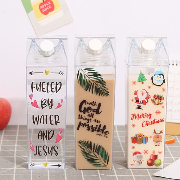 Milk Carton Water Bottle with Large Capacity, Leak-Proof Sealed Rectangular Transparent Cup Food Grade PP Plastic 500ML