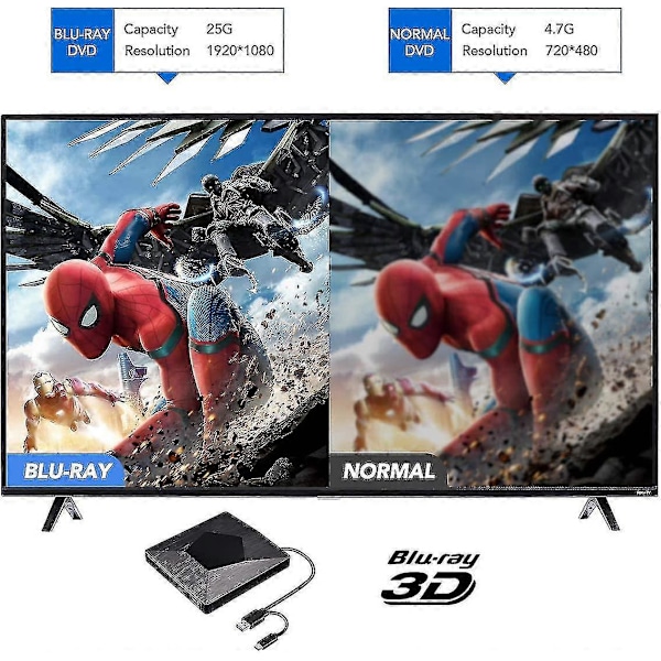 Blu Ray Ulkoinen 3D-asema, Ultra Slim USB 3.0 ja Type-C Blu Ray Optinen CD DVD-asema Mac Os, Windows Xp/7/8/10, Kannettava PC (musta)