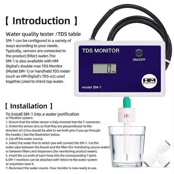 TDS-mätare LCD Online Vattenkvalitetsmätare 0-9990PPM Detektion Vatten TDS-monitor Inlopp Utlopp Test f