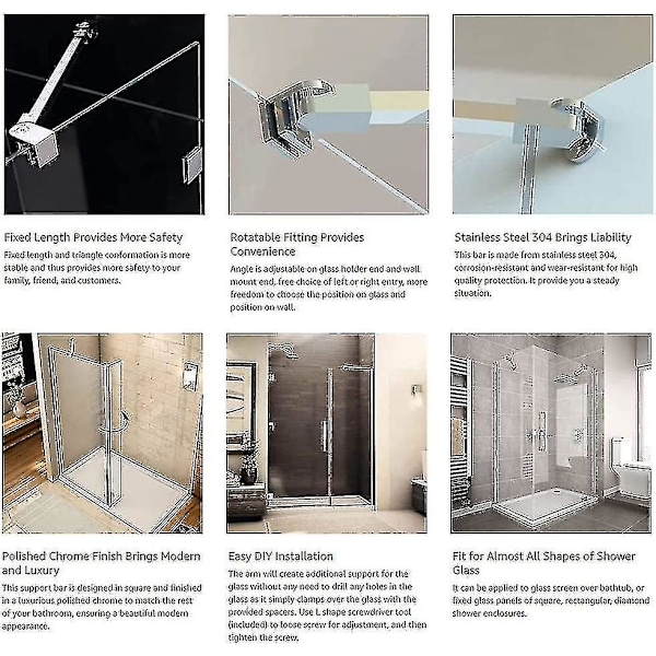 40 cm Rammeløs Dusjdør i Rustfritt Stål, Fast Panel, Vegg til Glass Støtte Stang for 6 mm 8 mm 10 mm Tykt Glass A175-Nyttig