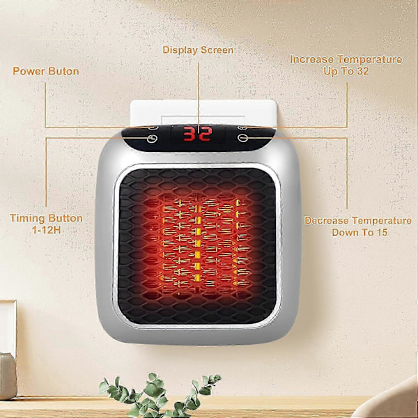 WJTG  Bærbar Varmeapparat, 800W Keramisk Stikkontaktvarmeapparat, Rum Elektrisk Blæsevarmeapparat med Fjernbetjening, 12H Timer, LED-Display, 2 Varmeindstillinger