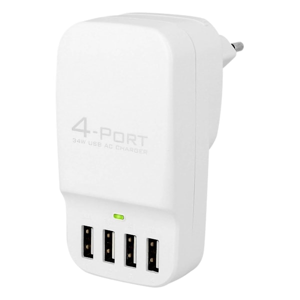 Wall Charger 4x 6.8A USB Plugs: 2 Smartphones + 2 Tablets- White