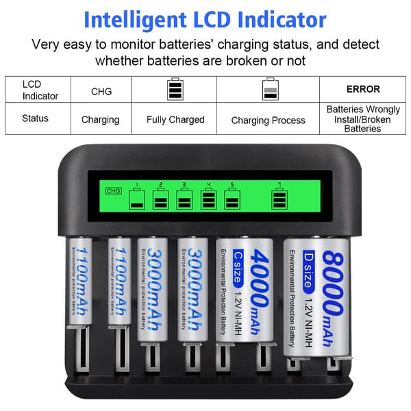 Batterilader - 8 spor - Smart USB - Kompatibel med AA-, AAA- og CD-batterier - LCD