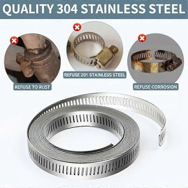 304 Rostfria Stål Slangklämmor - för DIY, Klipp-till-passform 5,9 m Rem + 15 Fästelement Kit Justerbara Maskskruvband Kanal