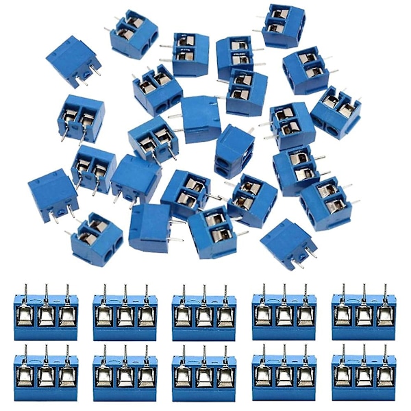 60 stk. 5mm Pitch 2-polet & 3-polet PCB-monteret skrueterminalblok-stik til (50 x 2-polet, 10 x 3-polet)