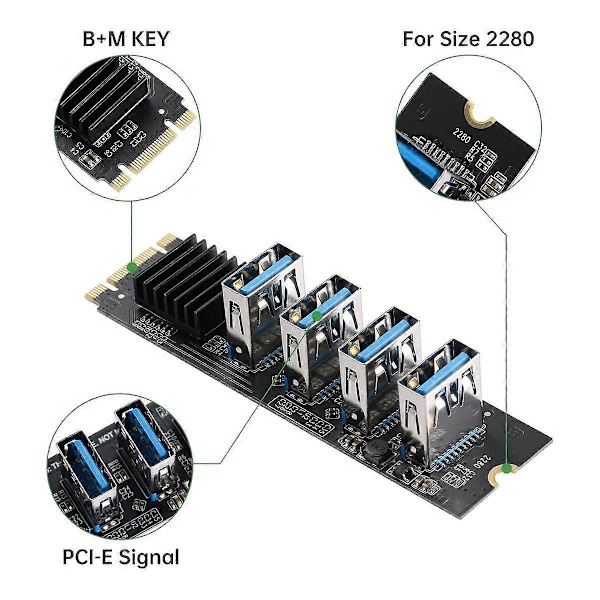 M.2 NVME KEY-M til 4 porte PCI-E 1X USB 3.0 Riser-kort, M.2 B-Key PCI-E Adapterkort til BTC Miner E