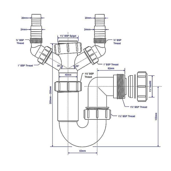 WM11 McAlpine kaksoislaitevesilukko 75 mm:n vesilukolla