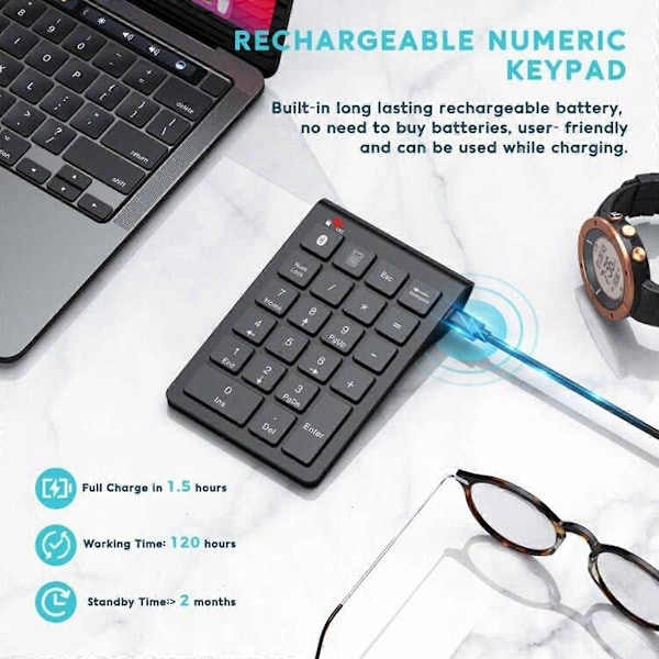 Trådløst Bluetooth numerisk tastatur, 22-tasters bærbar slank numerisk blokk for bærbar datamaskin, PC, skrivebord