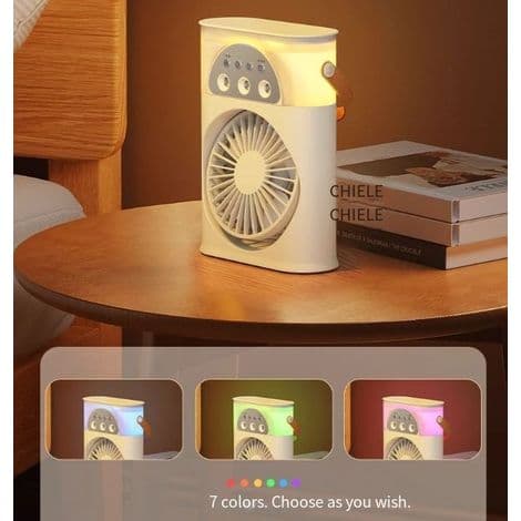 Bærbar airconditionventilator, mini fordampningsluftkøler, 3 hastigheder, med LED-lys, 250 ml, 19,2 x 14,4 cm