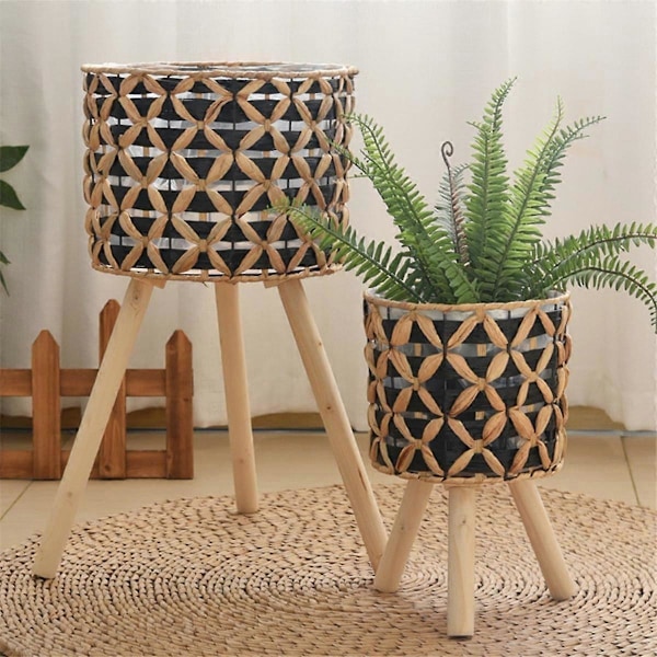 Handvävd Blomsterställning Trä Rattan Golvstående Balkong Blomkruka Vardagsrum Grön Växtkorg