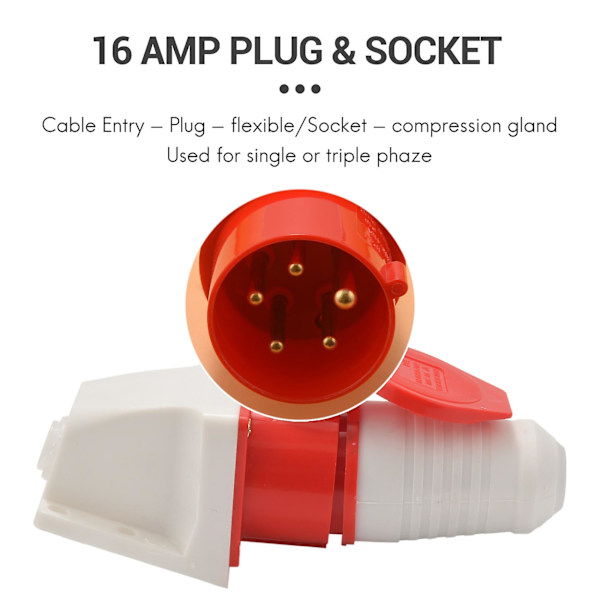 16 Amp 5-napainen pistotulppa ja pistorasia Sääsuojattu IP44 3-vaiheinen 380-415v 3P + N + Maadoitus 16A