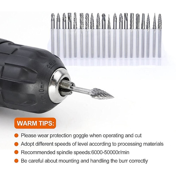 30 stk. Dobbelt Slebne Karbid Fræser Sæt, 1/4 tommer Hovedlængde Rotationsværktøj Fræser + 1/8 tommer Wolfram Solid Die Grinder Bits