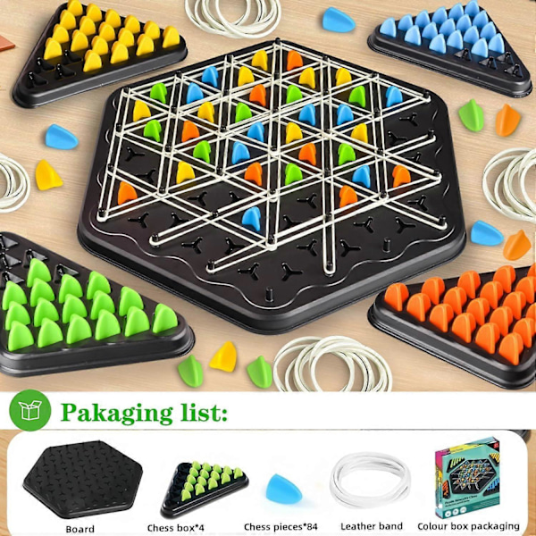 Kedje-triangel schackspel, Triggle gummibands spel, 2 till 4 spelare för familjefest