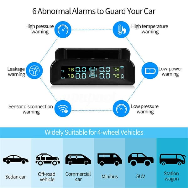 Solcelled Trådløs USB TPMS Dækmåler System HD LCD Skærm 4 Eksterne Sensorer Dæktryk