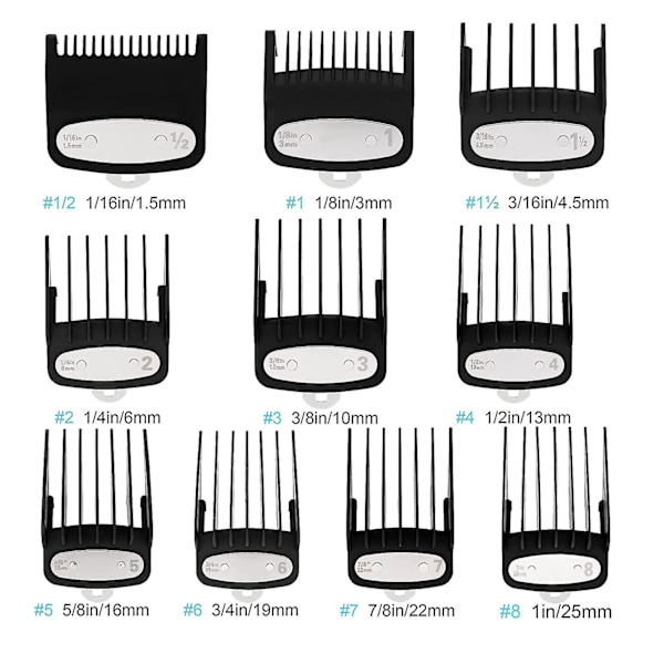 Clipper Guards Skæreguides Til Wahl Clipper Med Metal Clip - Fra 1/16 Tomme Til 1 Tomme (1,5-25 mm) Passer Til Alle Wahl Clippers I Fuld Størrelse - 10 Pak Sort