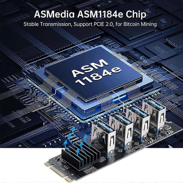 M.2 NVME KEY-M til 4 porte PCI-E 1X USB 3.0 Riser-kort, M.2 B-Key PCI-E Adapterkort til BTC Miner E