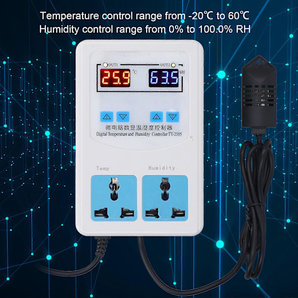 Temperatur- og fuktighetsregulator -20~60 0~100.0%rh LCD-skjerm Humidistat Termostat AC 110220v EU-plugg