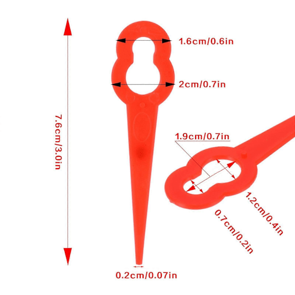 100 Røde Plastblad for Einhell Kordløs Grasklipper med 12x7mm Monteringshull -Sy