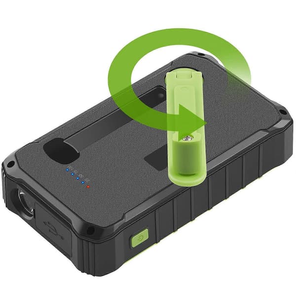 PowerBank 10.000 mAh Solar Håndsving Sort/Grøn