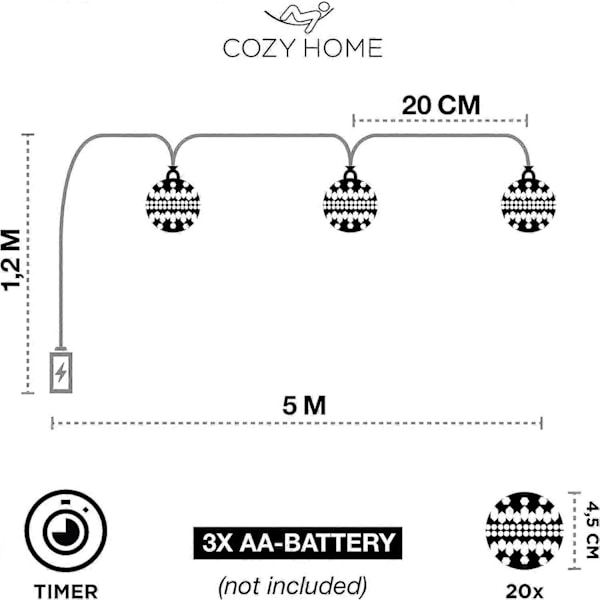 Marokkansk LED-lysstreng - 5 meter, med stikkontakt eller batteridrevet, 20 varm-hvide LED'er, orientalske kugler, sølv dekorativ