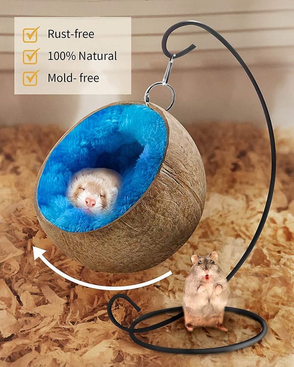 Burstall seng, hamstergjemmested, burstalltilbehør, burstallleker, stor kokosnøttskall hamster seng hus med varm pute gjemmested for kanin