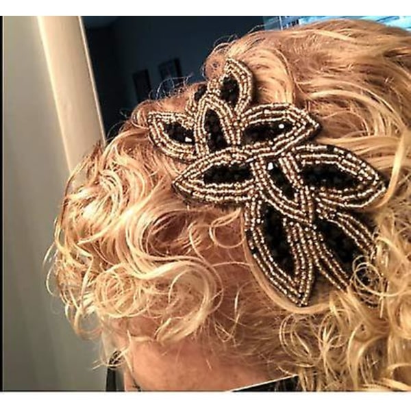 Hårbøjle 1920'er Gatsby Blad Perlebesat Dame Hårtilbehør til Kostumefest (Sort Guld)