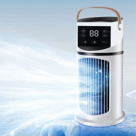 Denne bærbare USB-luftkøler kombinerer en køler, luftfugter og ventilator, ideel til kontoret og udendørs.