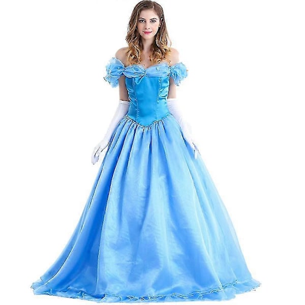 Lång Askungenklänning och handskar för vuxna damer, Askungen helklänning, festklänning, aftonklänning, Halloween Cosplay Askungenkostymer