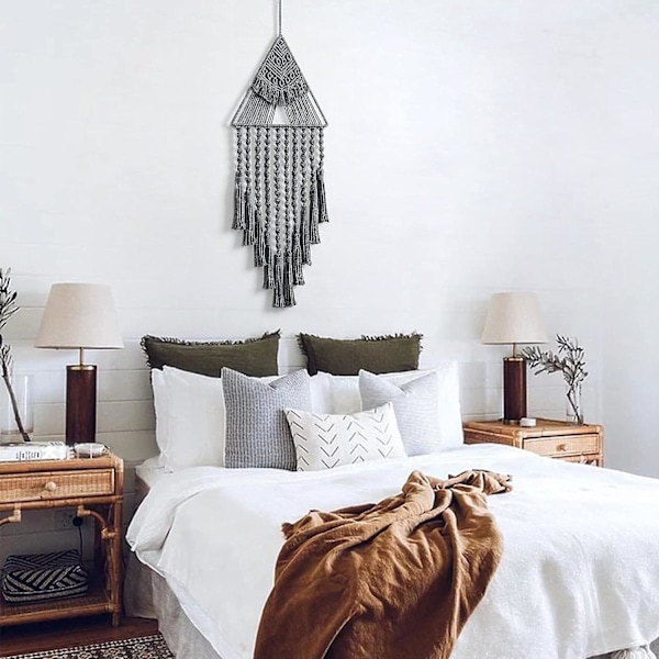 Makrame-seinävaate Unelmien Saalistaja Kolmio Nauha Geometrinen Taide Boho Tausta Bohemian Koti Sisustus Seinätaide Kaunis Asunnon Yliopiston Huoneen Oven D