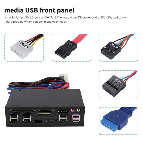 Multifunktionel 5.25\" Media Dashboard Kortlæser USB 2.0 USB 3.0 20 pin e-SATA SATA Frontpanel
