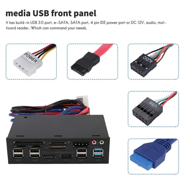 Multifunktionell 5.25\" Media Dashboard Kortläsare USB 2.0 USB 3.0 20-pin e-SATA SATA Frontpanel