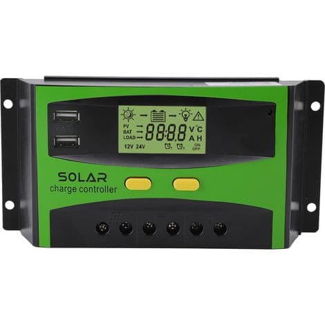 12V/24V PWM Solar Controller, Intelligent Solar Panel Batteriregulator med Dobbelte USB-porte og LCD-skærm til Hjemmehave (30A)