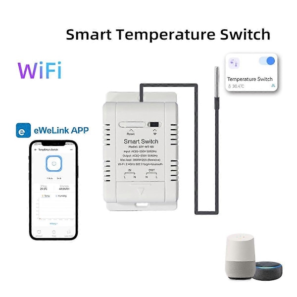 WiFi-lämpötilan kytkin 1M anturilla Älykäs WiFi 20A termostaatti Lämpötilan kytkin Tukee äänikomentoja