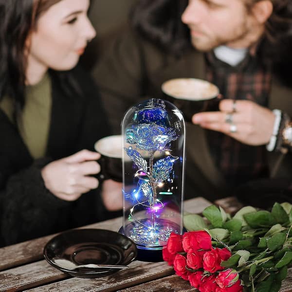 Rosegaver til hende - Konserverede blomster, Galaxy Rose, Regnbue Lys i Glaskuppel, Julepynt