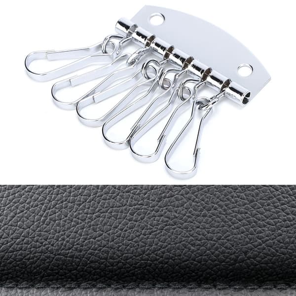 Key Organizer Wallet Leather Case with Metal Keychain, 6 Hooks for Bag, Silver