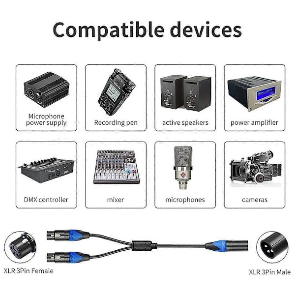 50cm XLR-jakokaapeli 1 XLR-naaras - 2 XLR-uros XLR Y -jakokaapeli Mikrofonin jakokaapeli