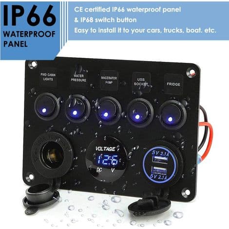 12V Marine Bryterpanel – Sigarettenneruttak + Doble 4.2A USB-porter – IP66 Vanntett Voltmeterdisplay – 5 LED Vippebrytere