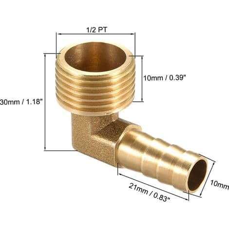 90° piggtråd messing slangekobling, 10 mm albue, 1/2\" utvendig gjenge, 2 stk