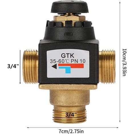 Termostatisk blandeventil for solvannvarmer, messing, 3-veis utvendig gjenge DN20, termostatisk blandeventil
