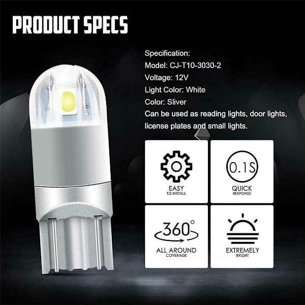 10 stk 6000K Canbus T10 168 194 W5W Kuppel Lysplate Side Marker LED Lyspære Hvit