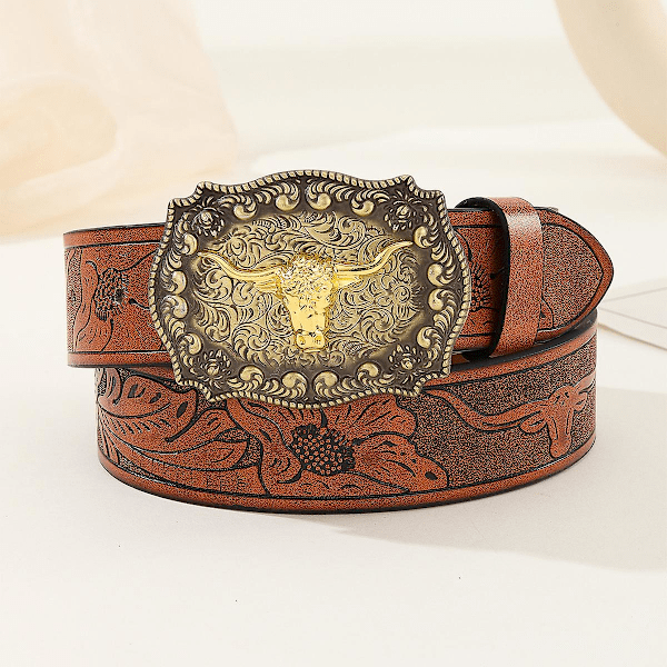 Herrar Västerländsk Präglad Läderbälte Med Guld Denim Longhorn Mönster Blommig Gravyr Spänne Bälte