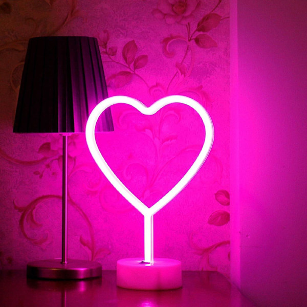 Vaaleanpunainen sydän neonkyltti, Led-neonvalo paristoilla tai USB-virralla, koristelamppu pöydälle, tyttöjen huoneen, asuntolan, häiden ja vuosipäivän koriste